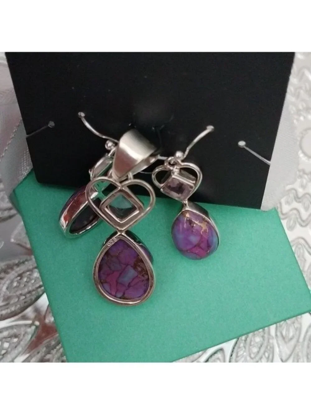 Sterling Silver, Purple Turquoise Amethyst Heart and Oval Pendant Earrings Set